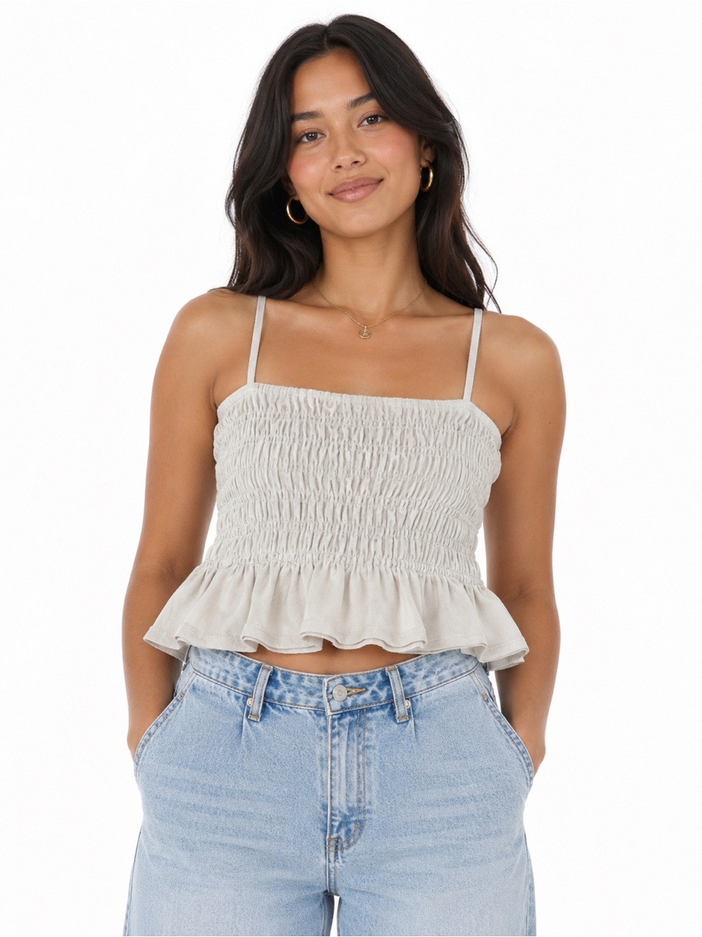 H&M Cream Smocked Ruffle Hem Spaghetti Strap Camisole
